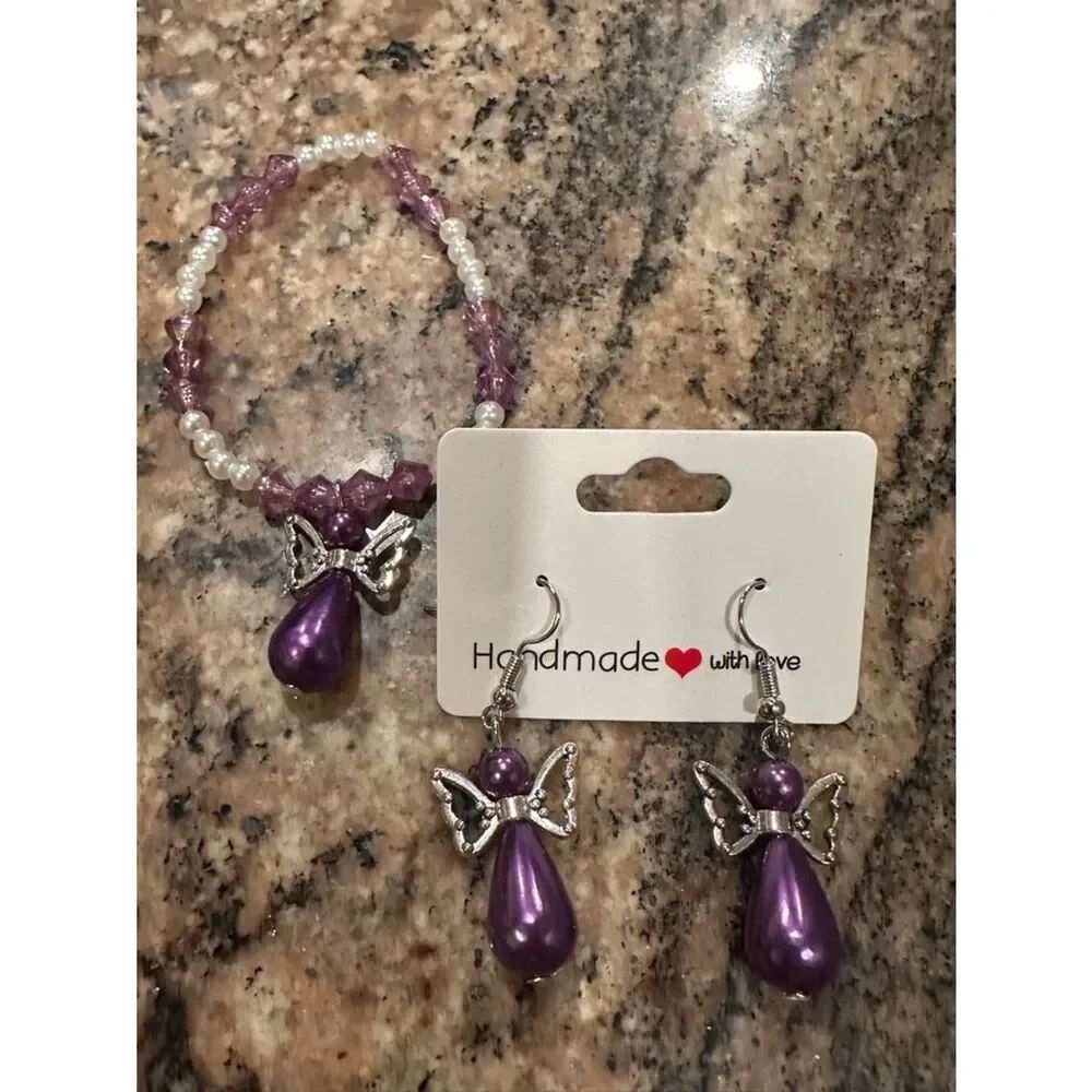 Handmade Purple Pearl Angel Earrings & Bracelet Set